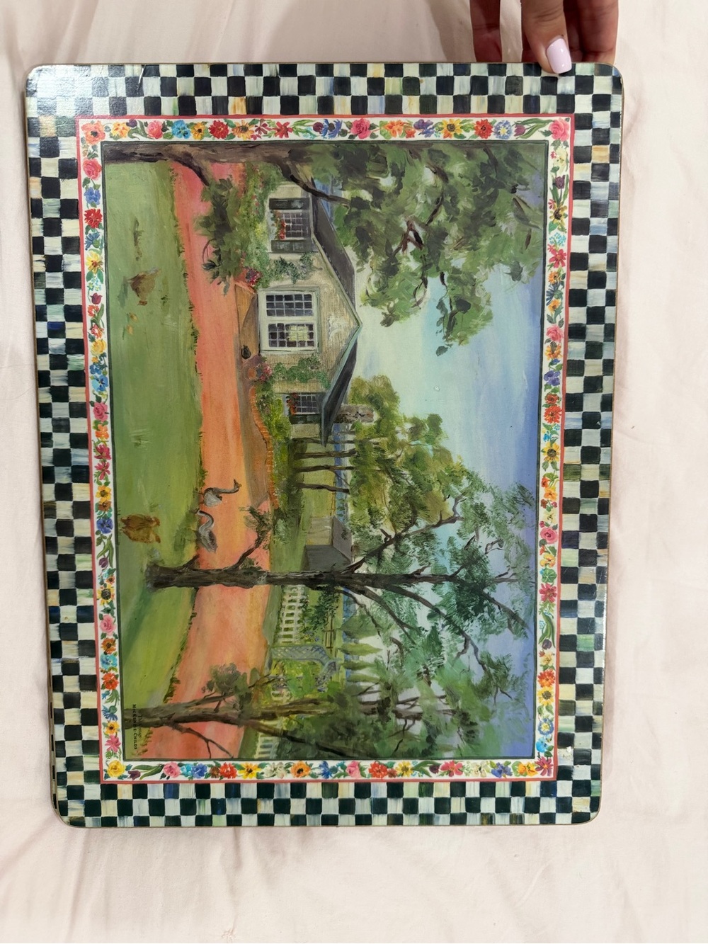 Scenic Cottage Checkered Decorative Dinnerware Tray - Green Multi set of 5